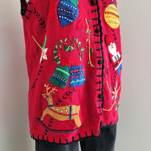 Vintage 90s Red Knit Christmas Vest Santa Reindeer Ornaments Embroidery XL - Picture 4 of 8